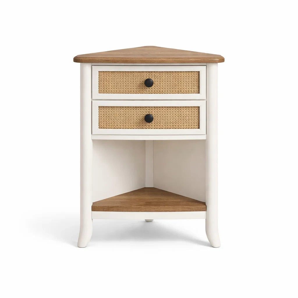 Comodino angolare in legno e rattan con cassetti