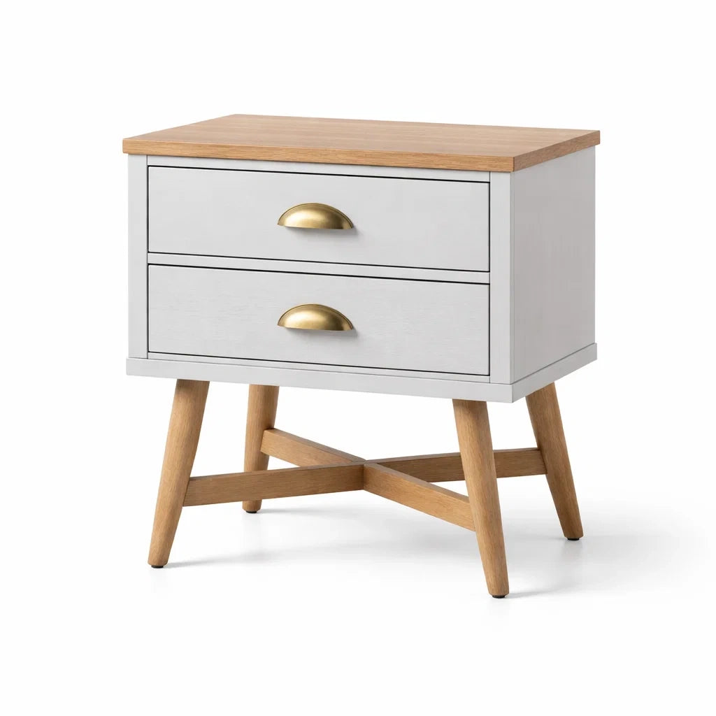Comodino in Legno con 2 Cassetti Grigio e Maniglie in Ottone