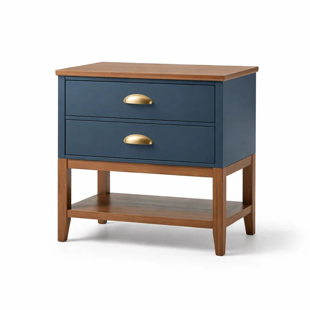 Comodino con 2 Cassetti in Legno e Metallo Blu
