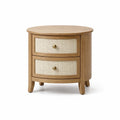 Comodino Rotondo in Legno di Quercia con Cassetti in Rattan
