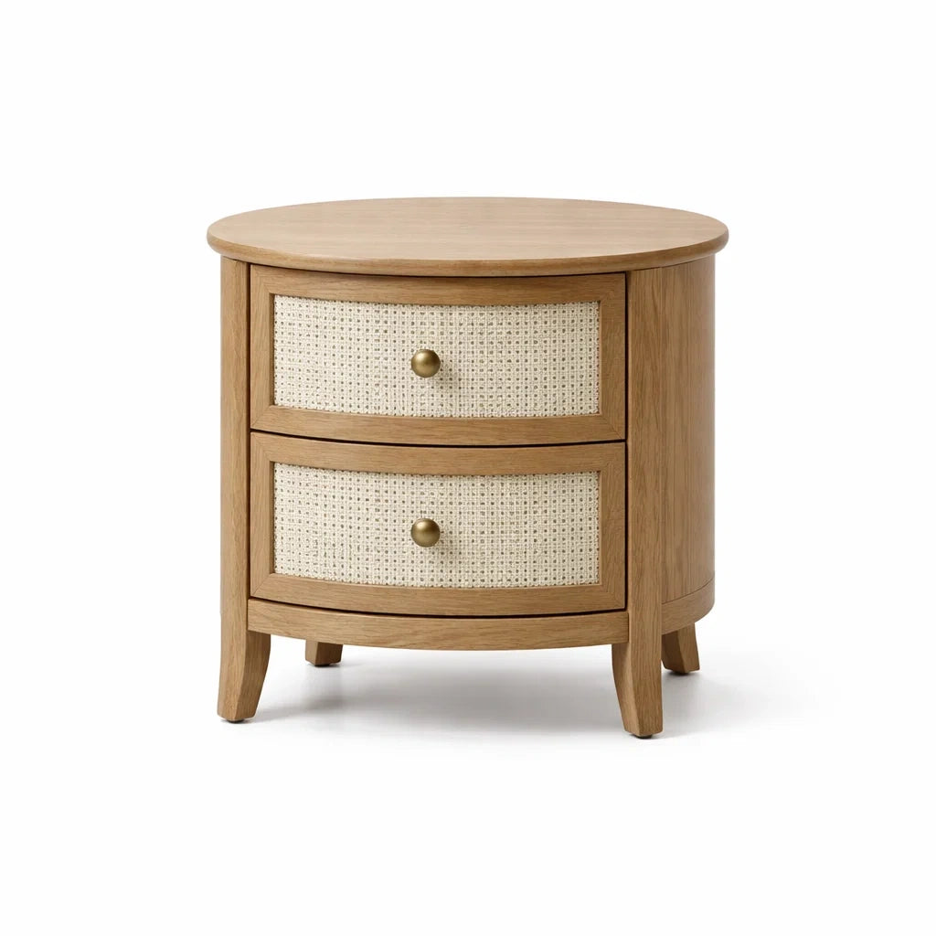 Comodino Rotondo in Legno di Quercia con Cassetti in Rattan