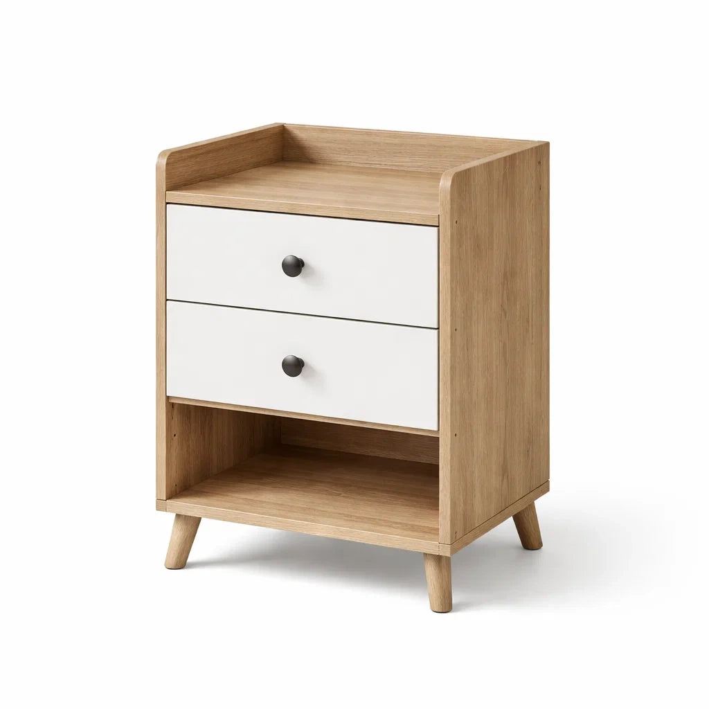 Comodino in Legno e MDF con 2 Cassetti e Ripiano Aperto