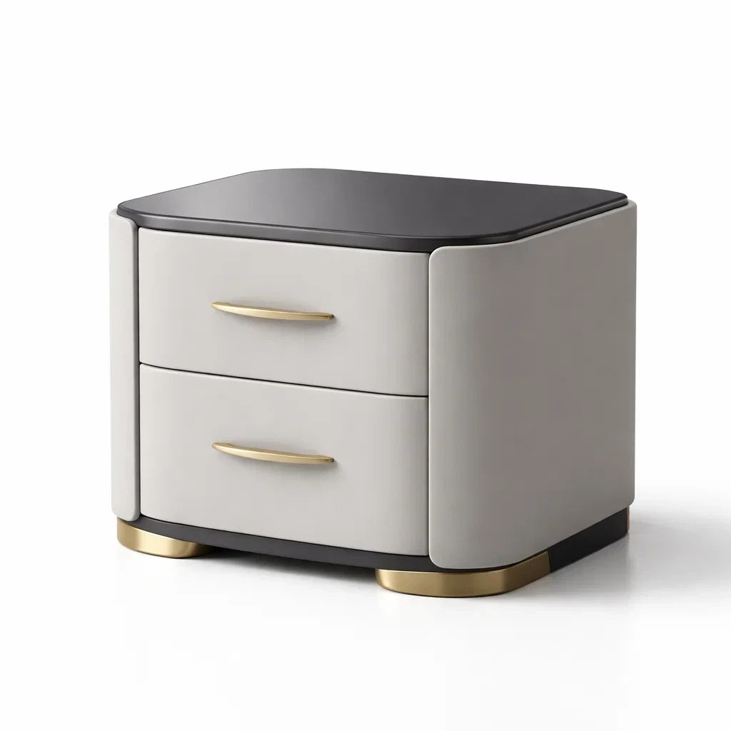 Comodino con Due Cassetti in Legno MDF e Metallo Dorato