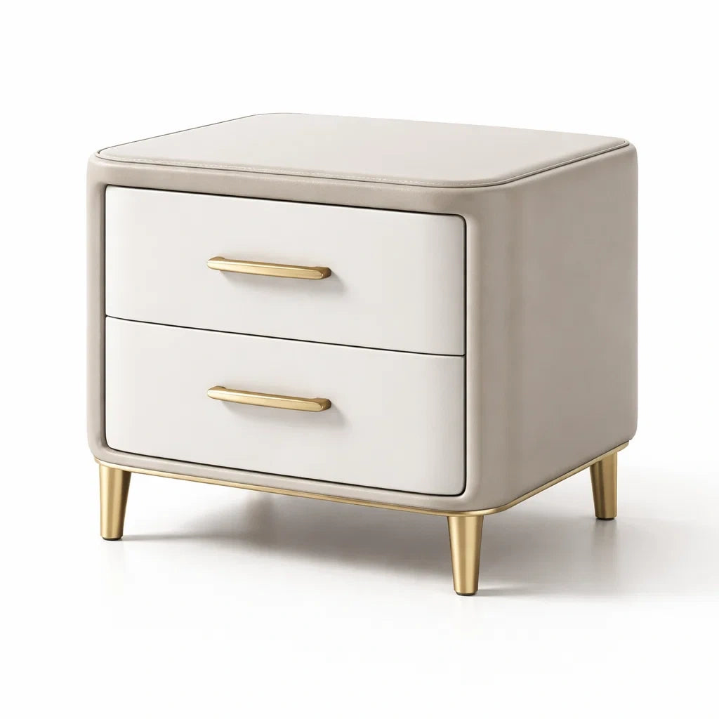 Comodino in Pelle Sintetica Beige con Gambe in Metallo Dorato