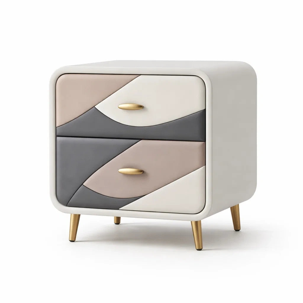 Comodino a 2 cassetti in legno e pelle sintetica con gambe in metallo