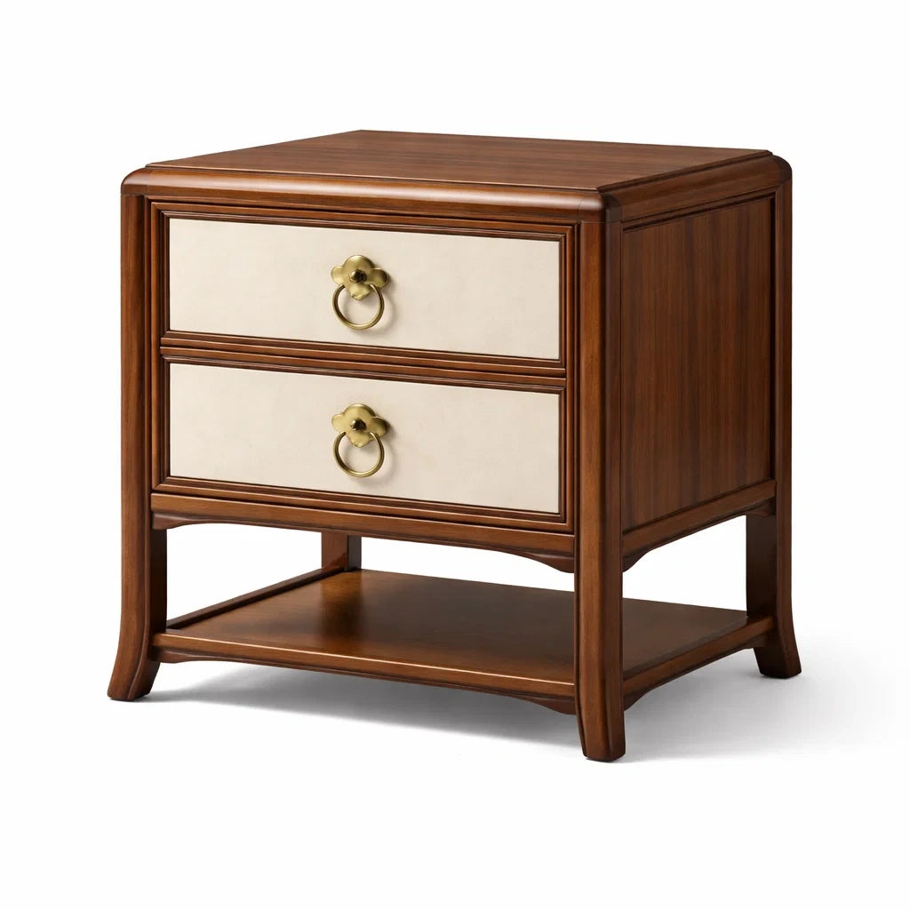 Comodino in legno e ottone con 2 cassetti