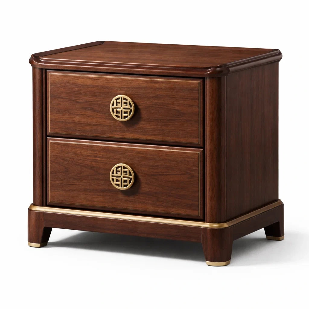 Comodino in legno massello 2 cassetti maniglie in ottone