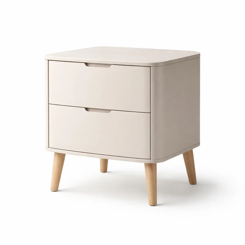 Comodino con Due Cassetti in MDF Verniciato e Gambe in Legno