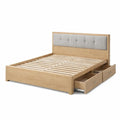 Letto matrimoniale in legno con testiera imbottita e cassetti