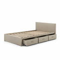 Letto singolo con cassetti integrati in legno e tessuto beige