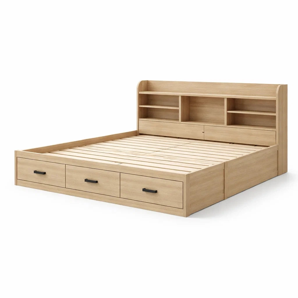 Letto matrimoniale in legno di rovere con cassetti e mensole