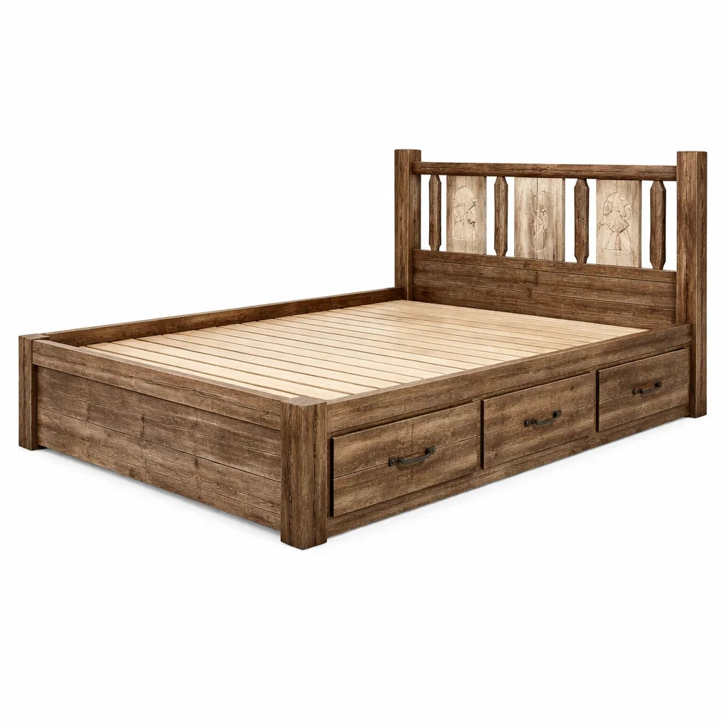 Letto matrimoniale in legno con testiera intagliata e cassetti