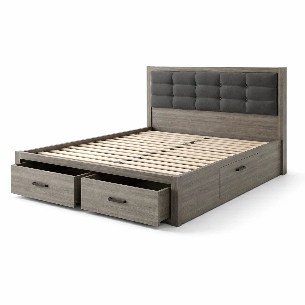 Letto Matrimoniale in Legno con Cassetti e Testiera Imbottita in Tessuto Poliestere Grigio