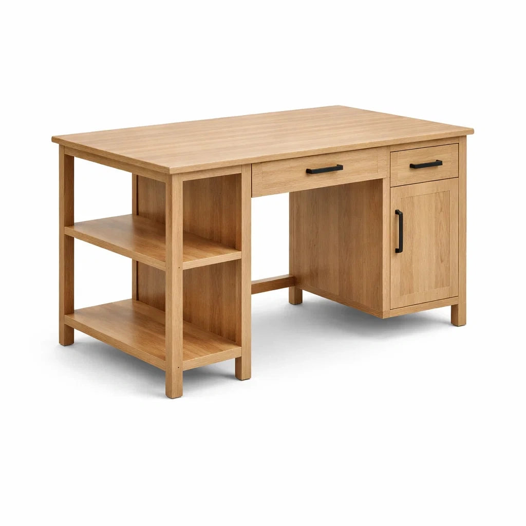 Scrivania in Legno di Quercia con Cassetto e Armadietto