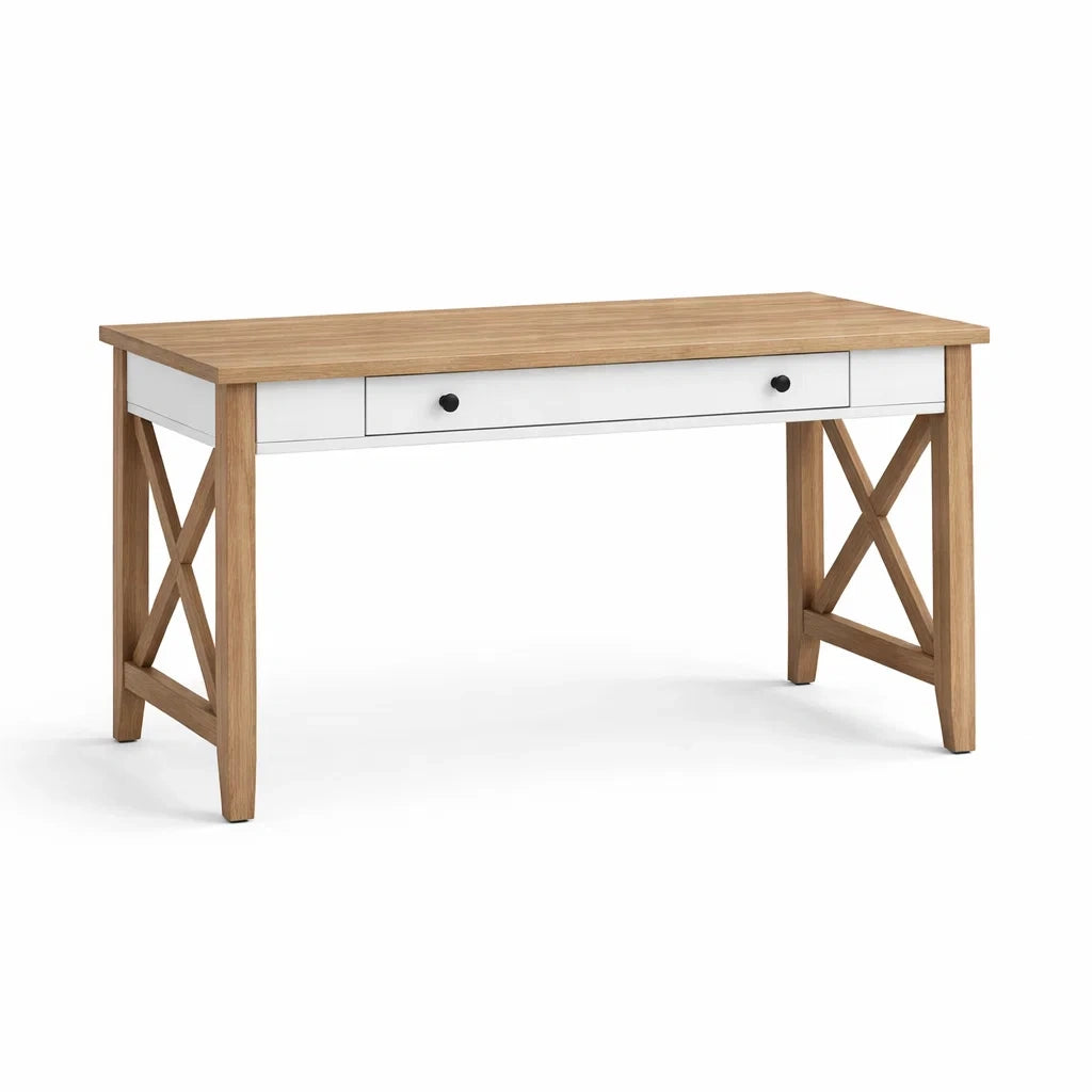 Scrivania in MDF e Legno di Pino con Cassetto Bianco 140x60x75 cm