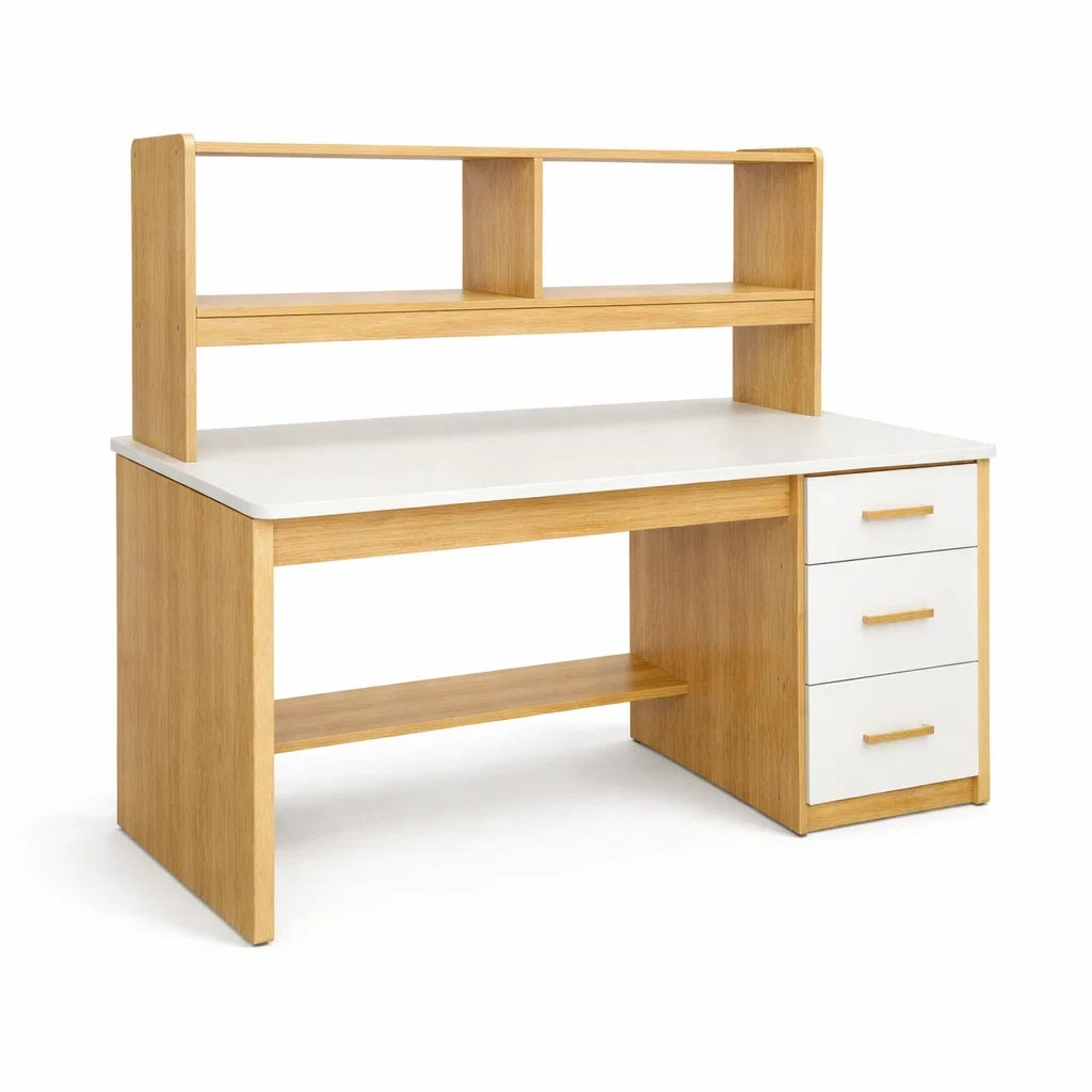 Scrivania in Legno con Cassetti e Scaffale Bianco e Rovere
