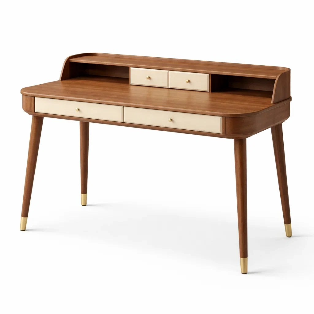 Scrivania in Legno di Noce con Cassetti in Crema