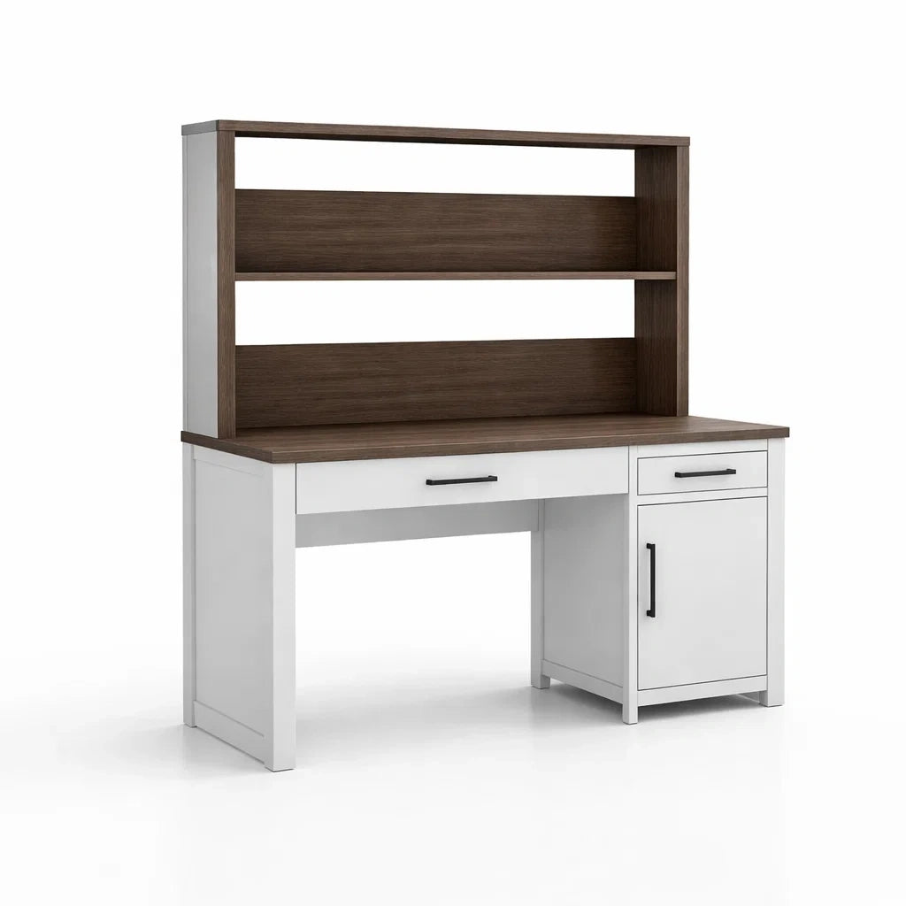 Scrivania con scaffale in legno MDF bianco e marrone