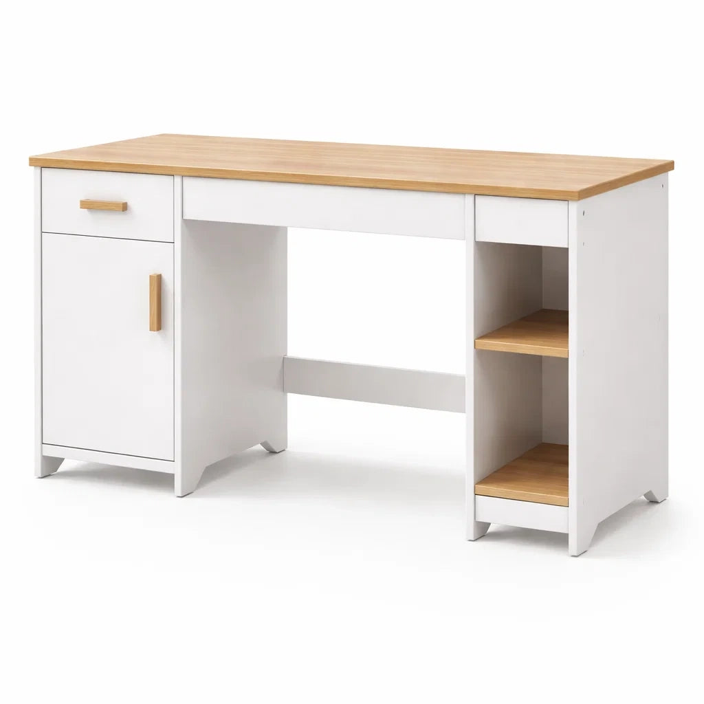 Scrivania in MDF Bianco e Rovere con Cassetto e Ripiani