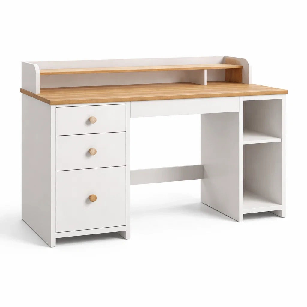 Scrivania in MDF Bianco con Piano in Rovere e Cassetti