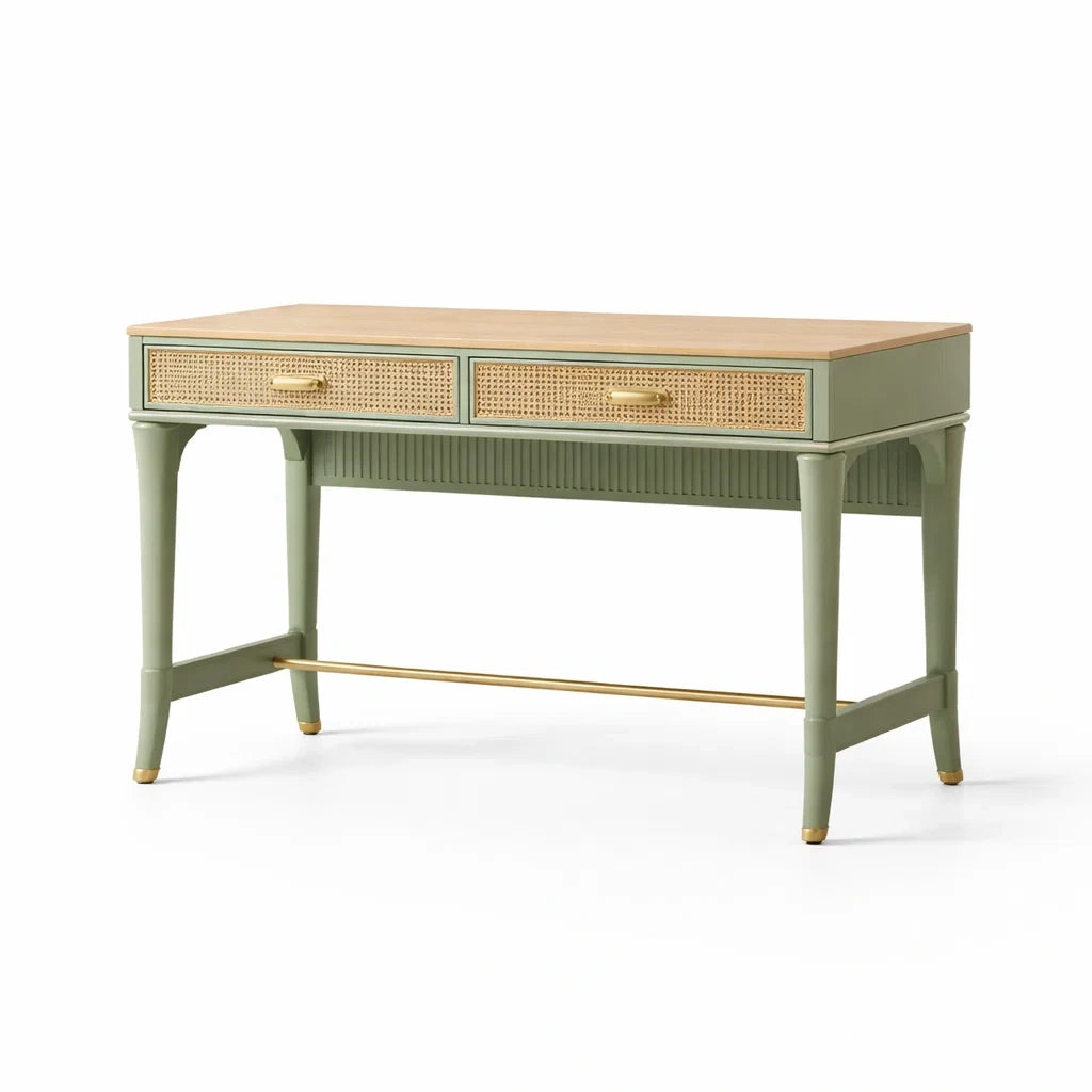 Scrivania in Legno con Cassetti in Rattan e Gambe in Metallo
