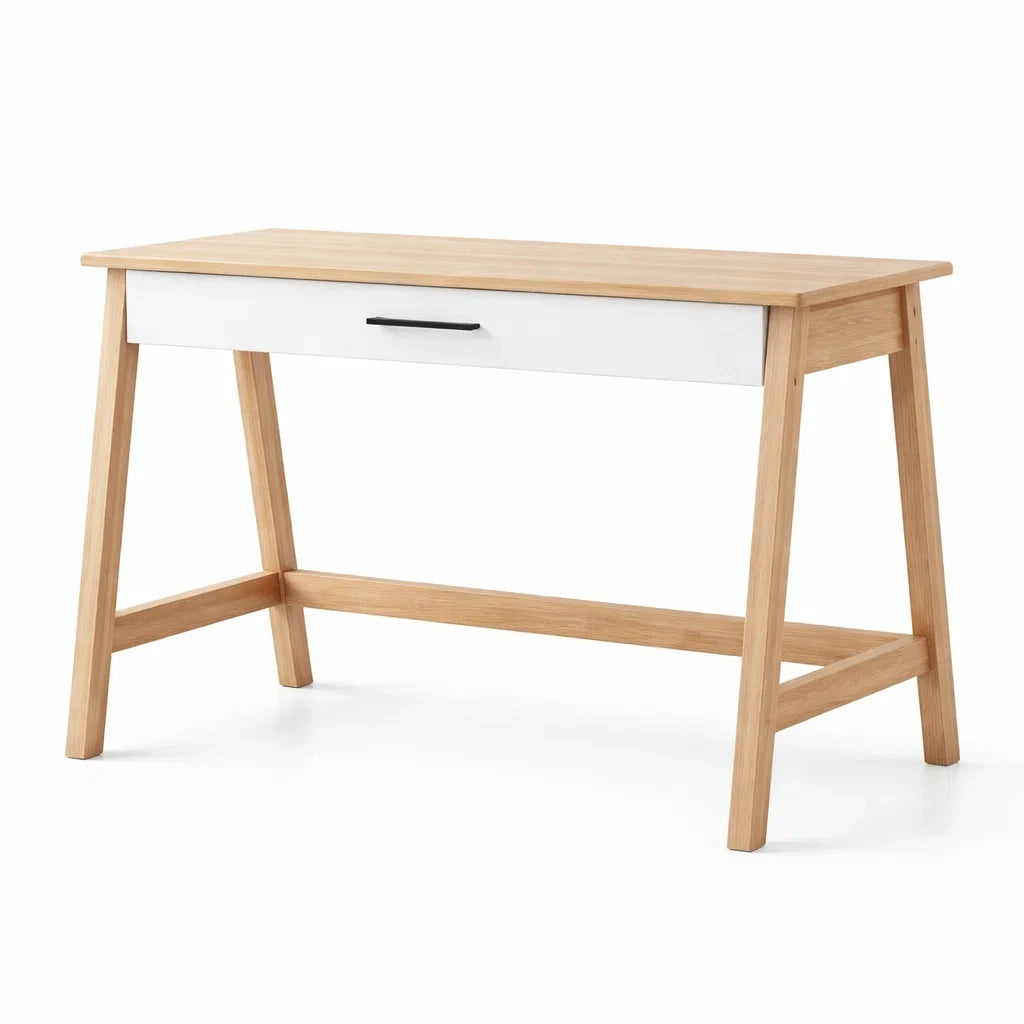 Scrivania in Legno massello con Cassetto, Naturale e Bianco