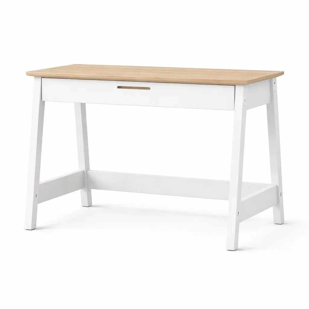 Scrivania in Legno con Superficie in Rovere e Cassetto 120x60x75 cm Bianco/Naturale